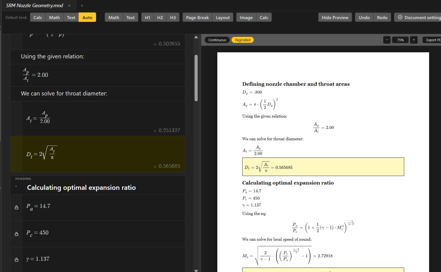 A notebook page in Eigenslate: on the left, the editor with calculation boxes working out a nozzle throat diameter; on the right, the same page typeset as it would print, with each result computed in place.